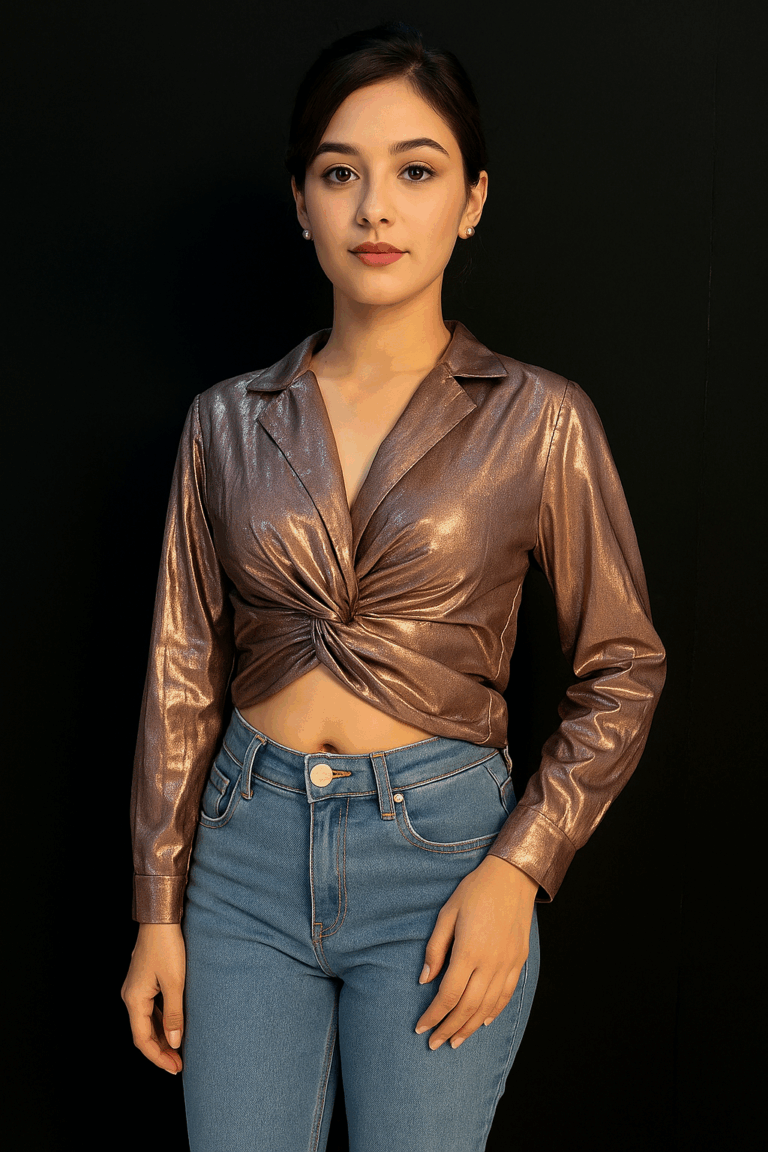 Bronze Luxe Twist-Front Metallic Crop Shirt - Image 1