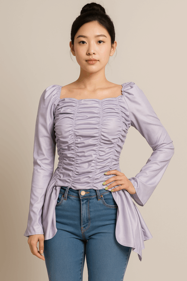 Lavender Ruched Long Sleeve Top with Asymmetrical Hem