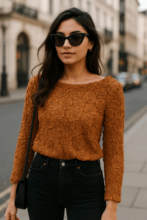 Textured Rose Appliqué Long Sleeve Top
