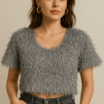 Textured Feather Yarn Cropped fluffy top – Grey