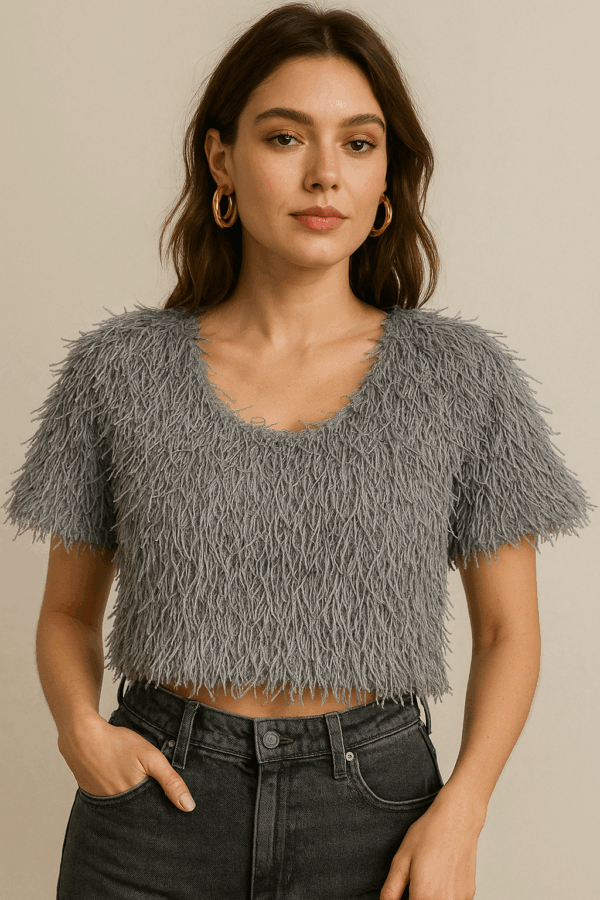 Storm Fluff Textured Feather Yarn Crop Top – Grey