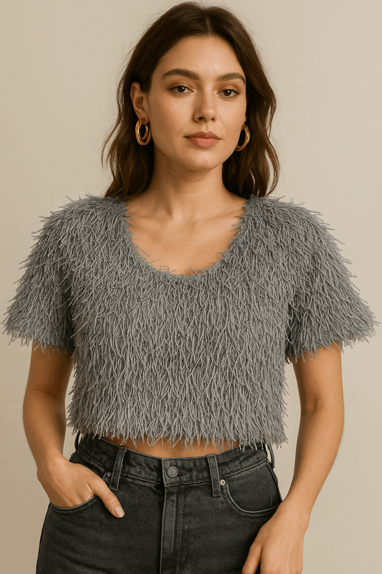 Storm Fluff Textured Feather Yarn Crop Top – Grey - Image 1