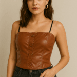 Brown Faux Leather Button-Front Corset Top