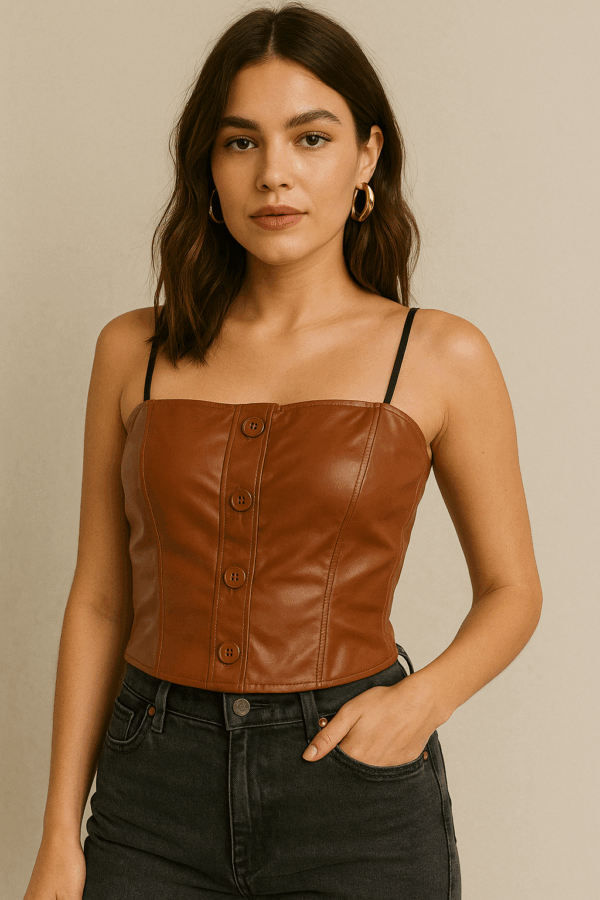 Brown Faux Leather Button-Front Corset Top