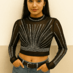 Embellished Rhinestone Crop Top on mesh
