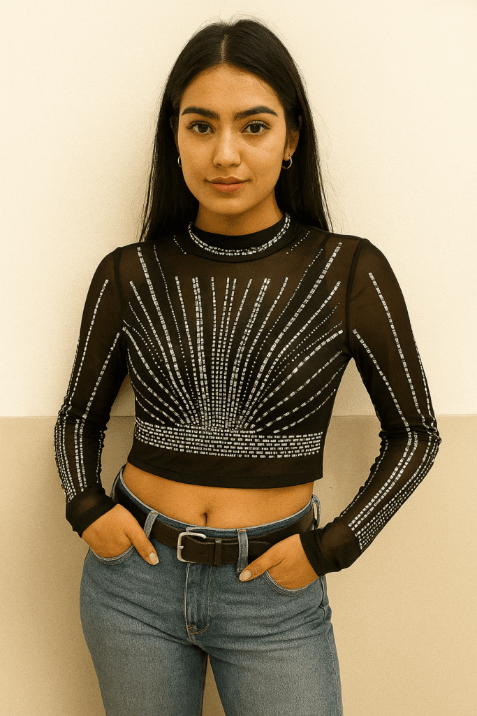 Embellished Rhinestone Crop Top on mesh