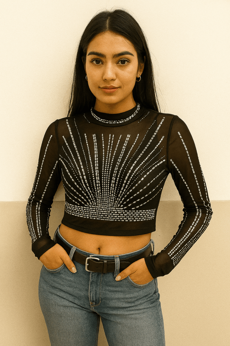 Rhinestone Embellished Mesh Cropped Top - Image 1