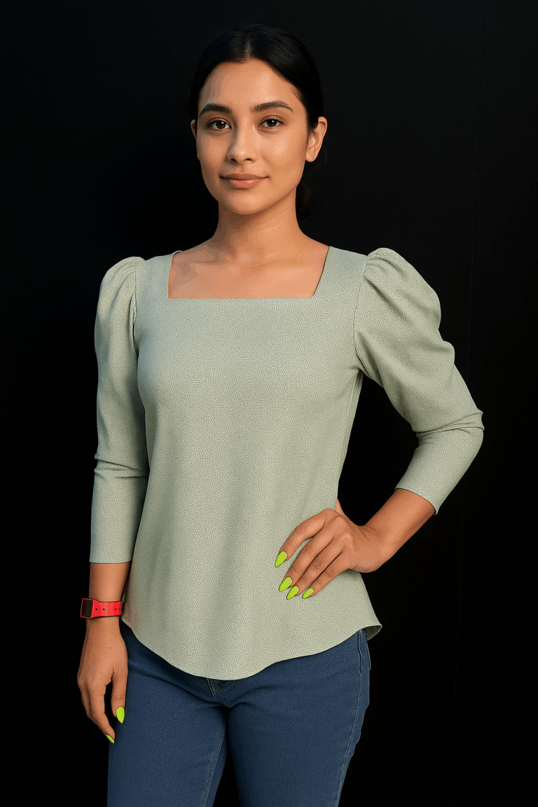 Sage Green Square Neck Puff Sleeve Top - Image 1