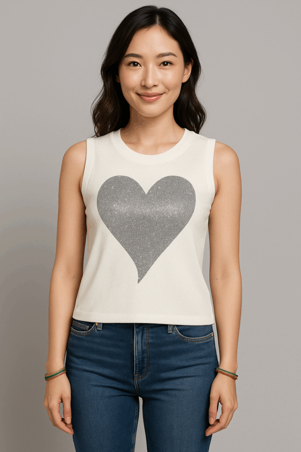 Ivory Sleeveless Top with Glitter Heart Print