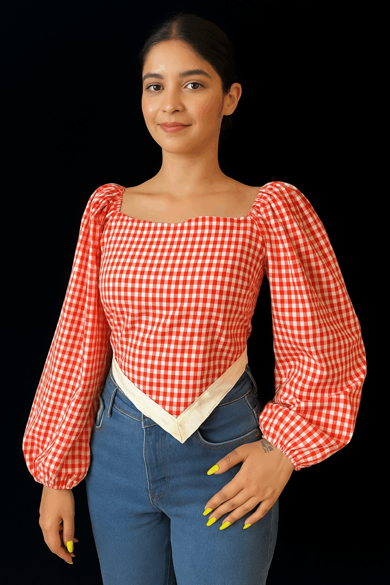 Red Gingham Puff Sleeve Peplum Top - Image 1