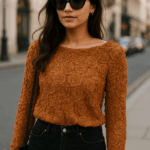 Floral Textured Knit Boat Neck Top in brown