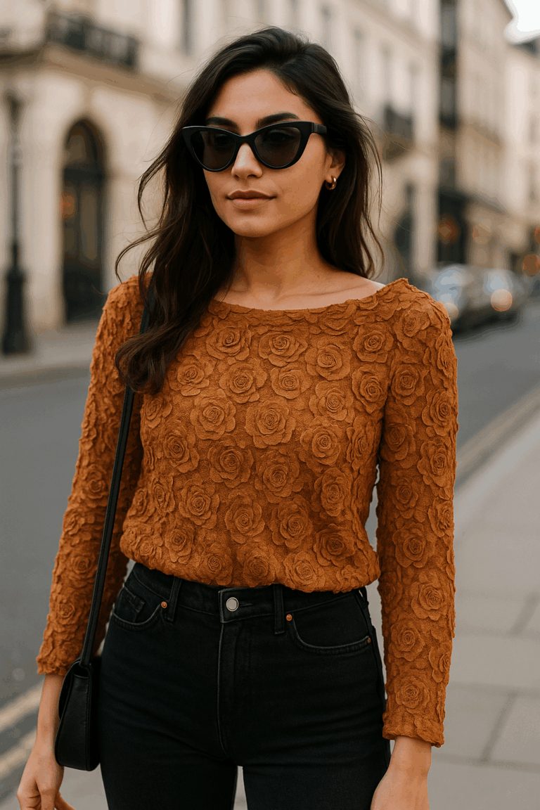 Rust Floral Textured Knit Top - Image 1
