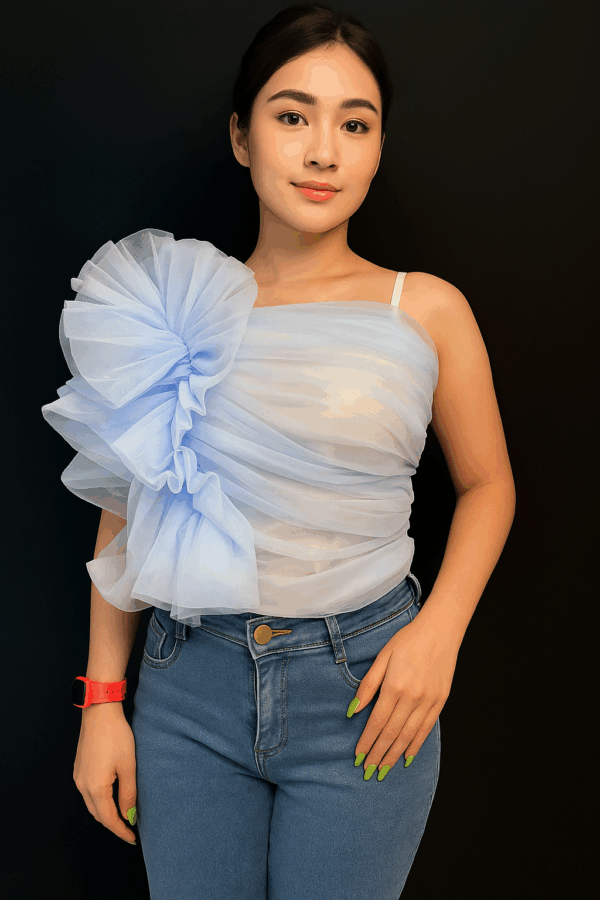 Ethereal One-Shoulder Ruffle Mesh Top