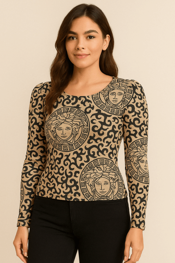Medusa Muse Beige & Black Printed Fitted Top