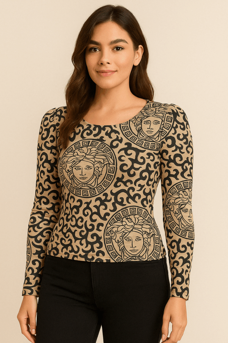 Medusa Muse Beige & Black Printed Fitted Top - Image 1
