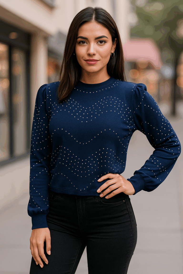 Midnight Glam Studded Puff Sleeve Top - Image 1