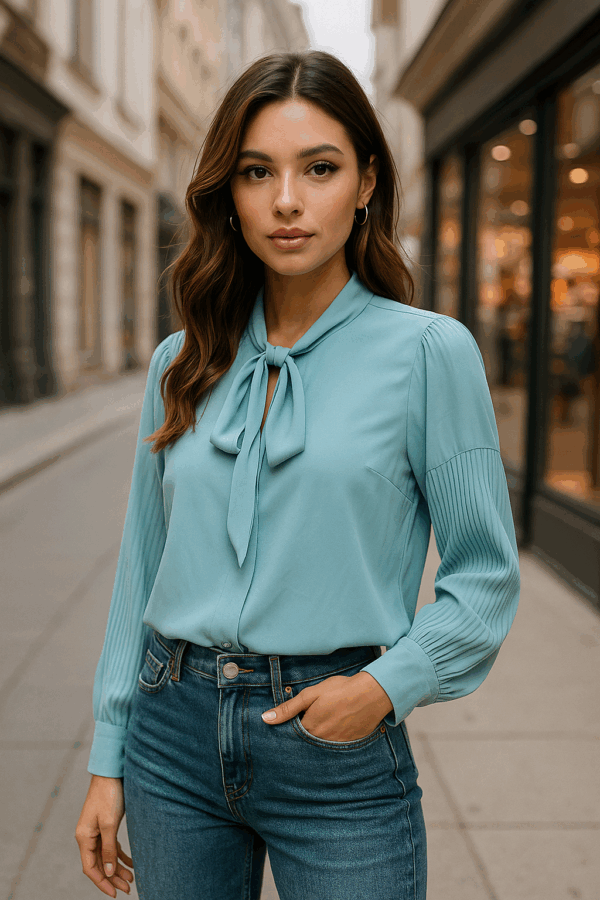 Pleated Sleeve Pussy Bow top