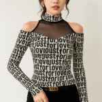 Cold Shoulder halter neck Top with Typography Print