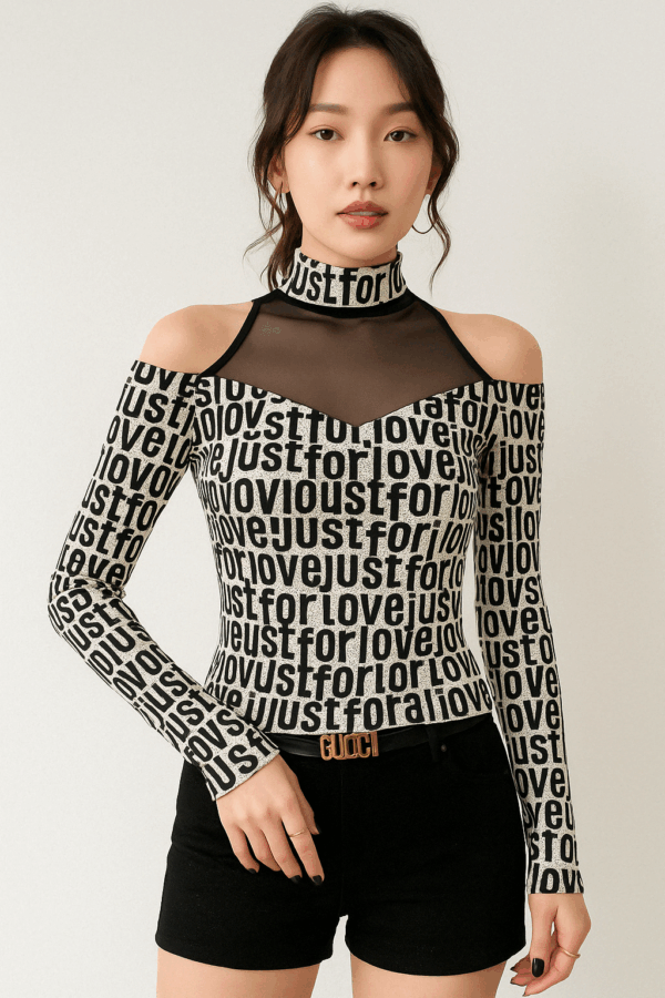Typography Print Cold Shoulder Mesh Top