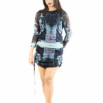 Abstract Ink Sheer Sleeve Ruched Bodycon Mini Dress