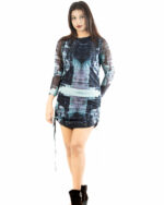 Abstract Ink Sheer Sleeve Ruched Bodycon Mini Dress