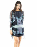Abstract Ink Sheer Sleeve Ruched Bodycon Mini Dress - Image 2