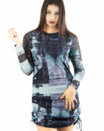 Abstract Ink Sheer Sleeve Ruched Bodycon Mini Dress - Image 3