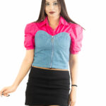 Pink & Denim Zip-Up Corset Style Top