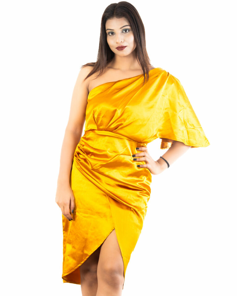 Golden One-Shoulder Satin Dress - Image 1