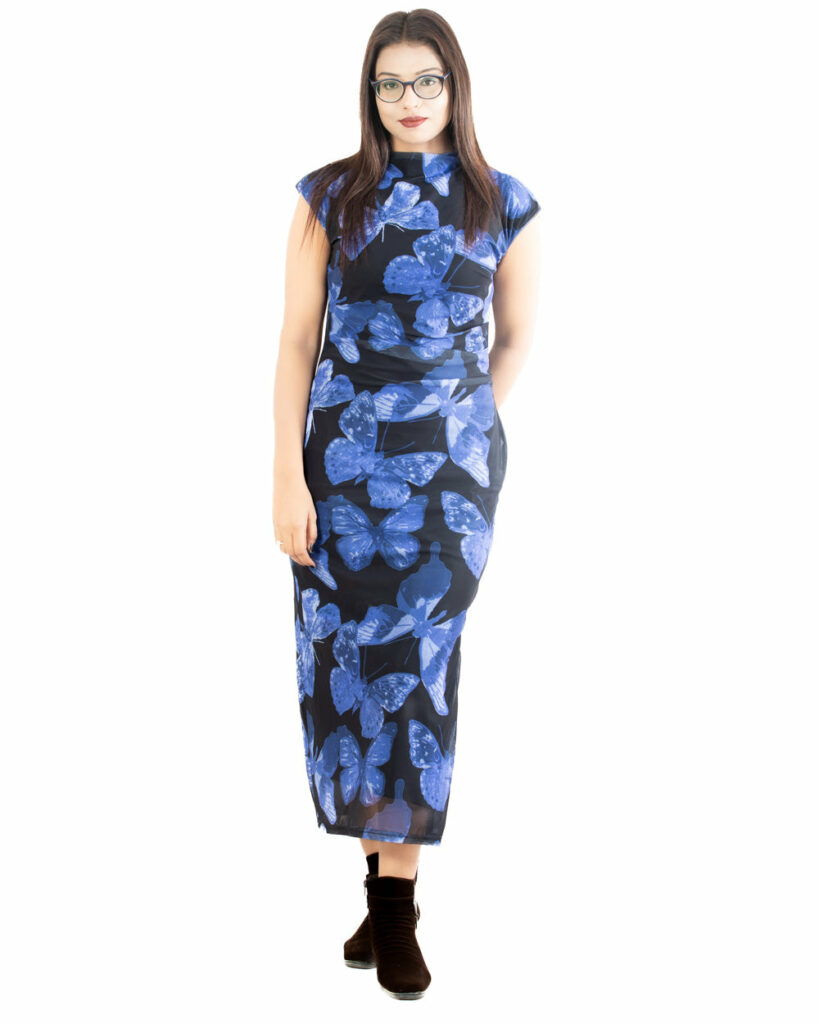 Midnight Blue Butterfly Print Bodycon Dress