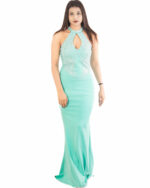 Aqua Blue Embellished Halter Neck Gown