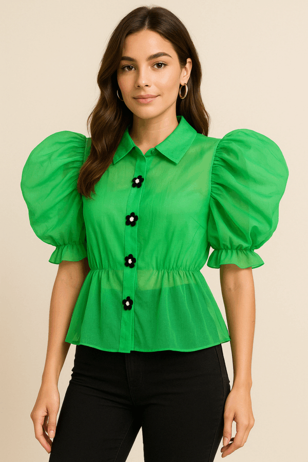 Emerald Bloom Puff Sleeve Peplum Shirt
