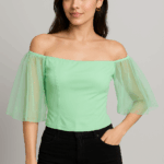 Mint Mist Off-Shoulder Mesh Sleeve Top