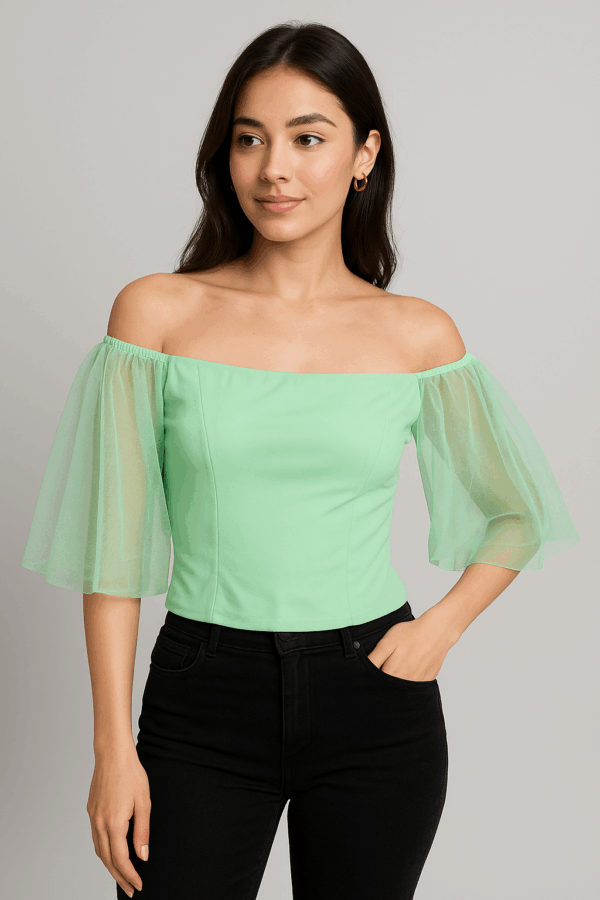 Mint Mist Off-Shoulder Mesh Sleeve Top