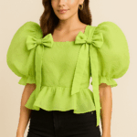 Lime Charm Puff Sleeve Peplum Top with Bows