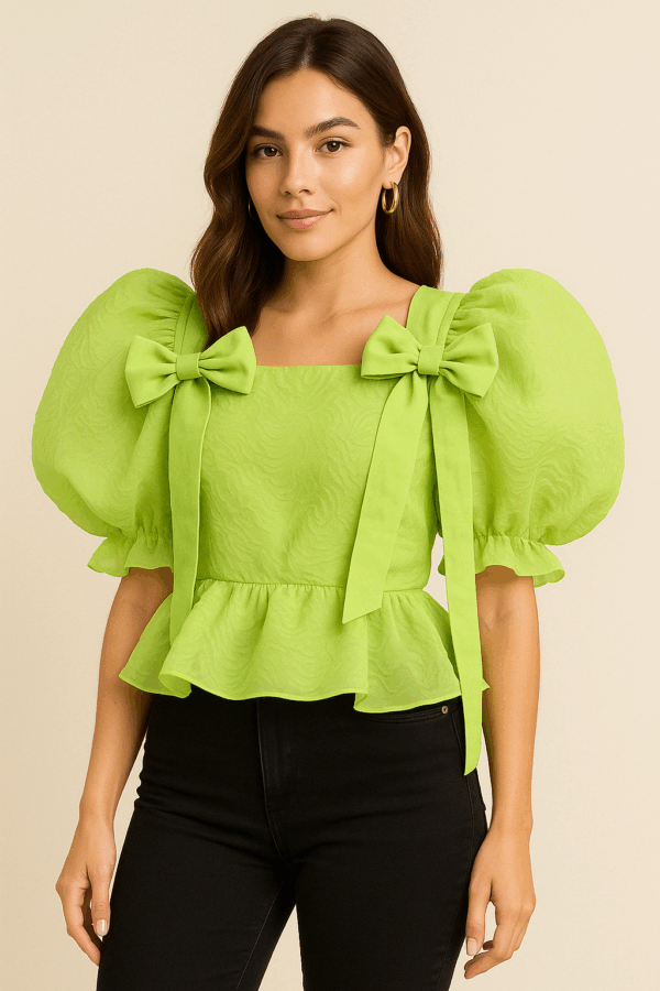 Lime Charm Puff Sleeve Peplum Top with Bows