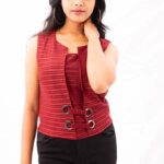 Maroon Striped Sleeveless Eyelet Waist Top