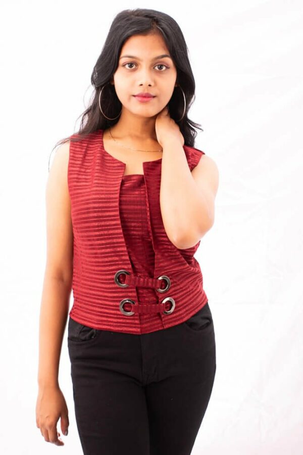 Maroon Striped Sleeveless Eyelet Waist Top