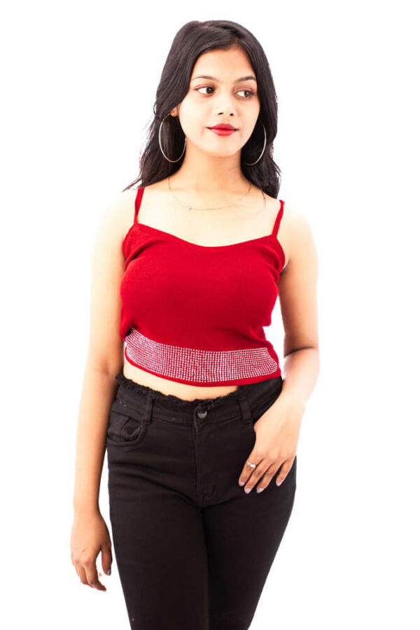 Red Ribbed Knit Strap Top with Gold Chain Detail