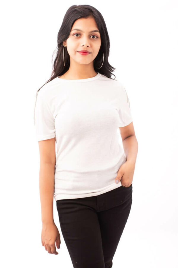 White Shoulder Embellished T-Shirt with Tassel Detailing