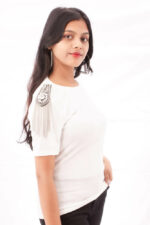 White Shoulder Embellished T-Shirt with Tassel Detailing - Image 2