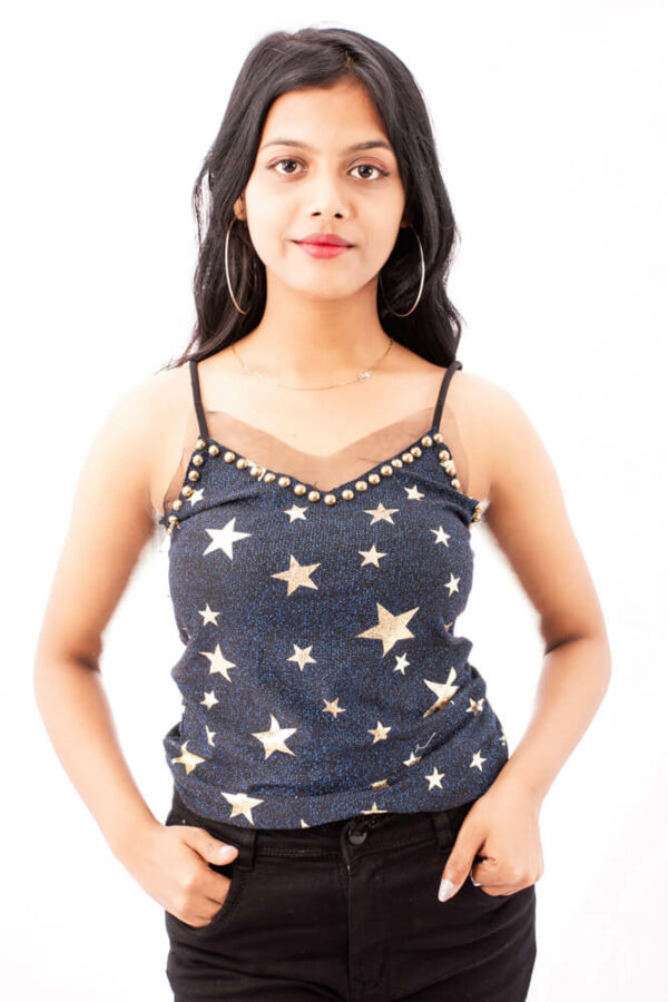Midnight Star Glitter Cami Top with Studded Neckline