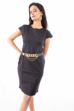 Black Cap Sleeve Sheath Dress with Gold Chain Belt - Image 2