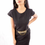 Black Cap Sleeve Sheath Dress with Gold Chain Belt