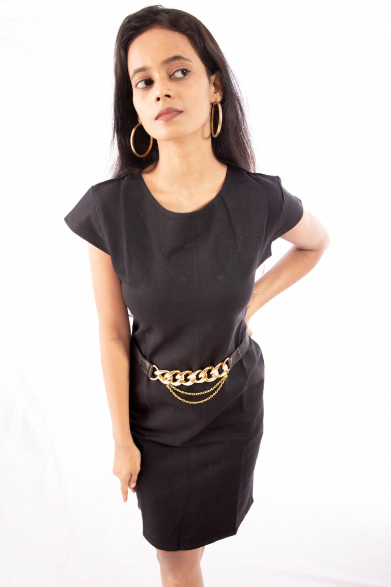 Black Cap Sleeve Sheath Dress with Gold Chain Belt - Image 1