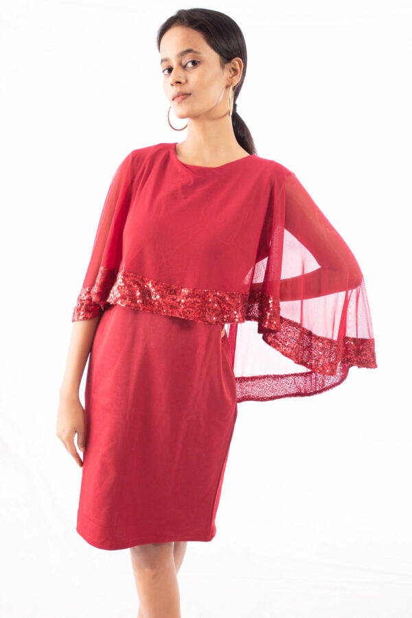 Red Sequin Overlay Shift Dress