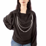 Black Draped Cowl Neck Top with Faux Pearl Detail