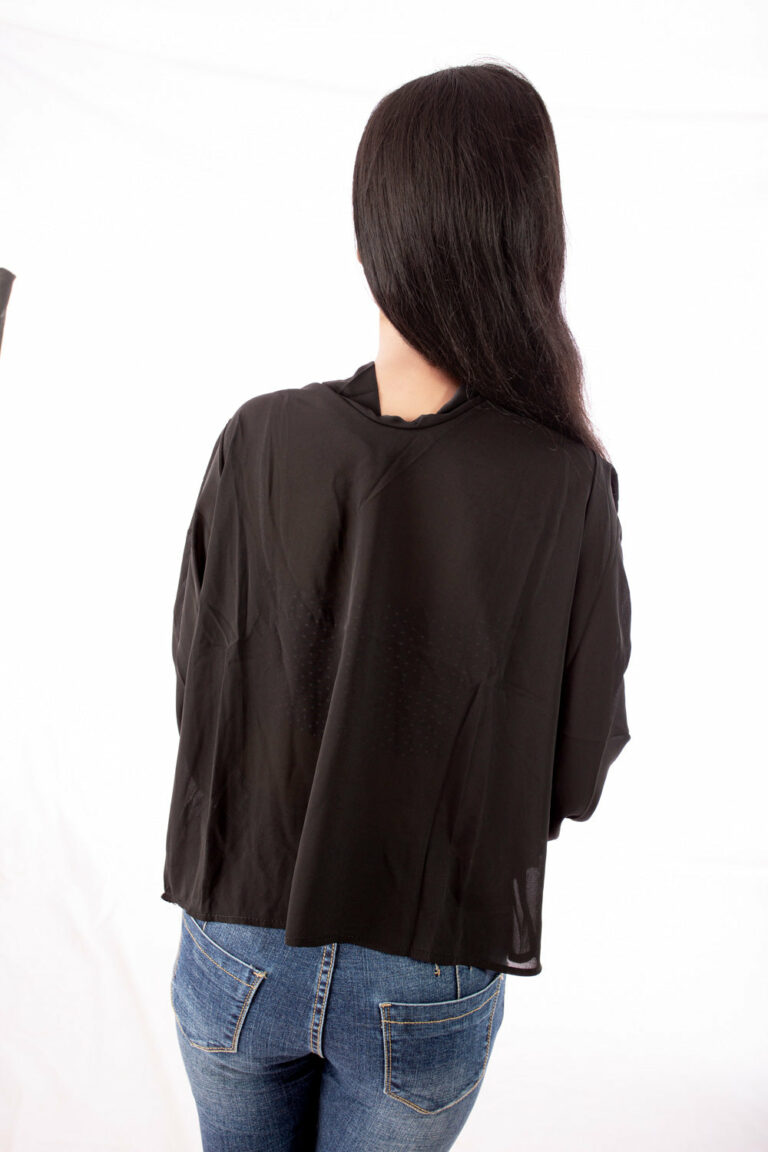Black Draped Cowl Neck Top with Faux Pearl Detail - Image 2
