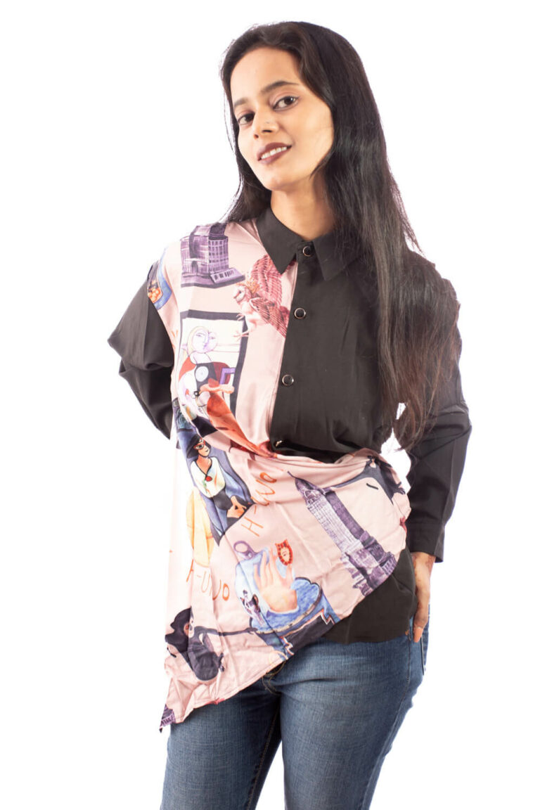 Urban Muse Asymmetric Printed Drape Shirt - Image 1