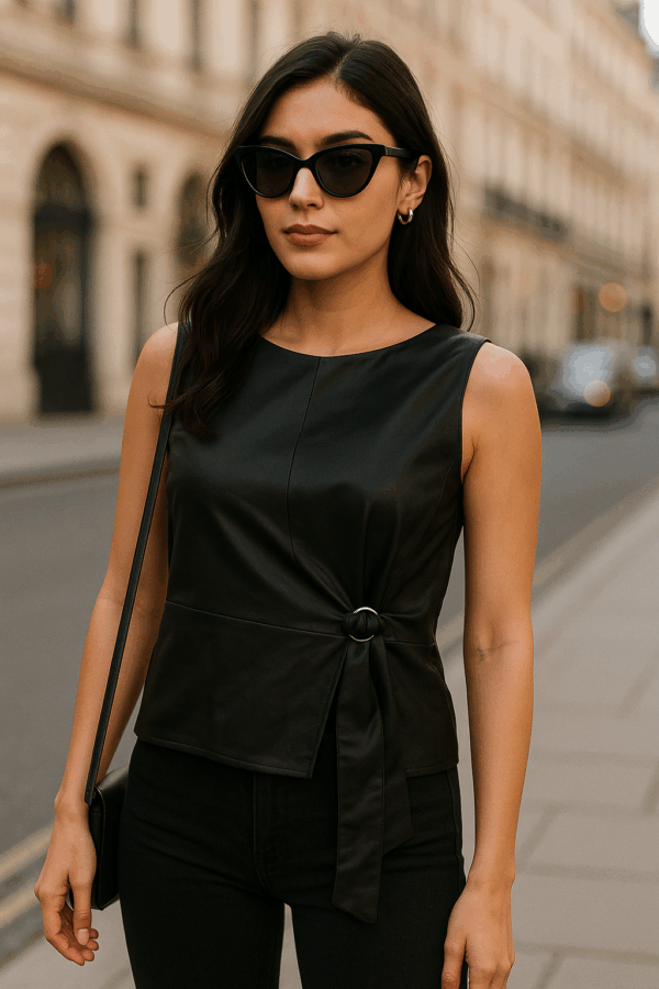 Sleek Noir Faux Leather Tie-Waist Top
